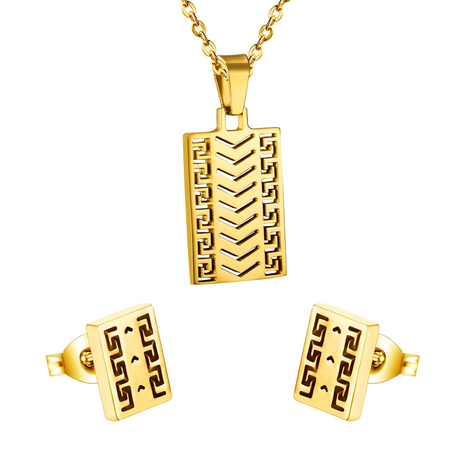 Gold/steel colored jewelry set without diamonds with cut-out smooth surfaces and corroded voids on the outside asonjewelry